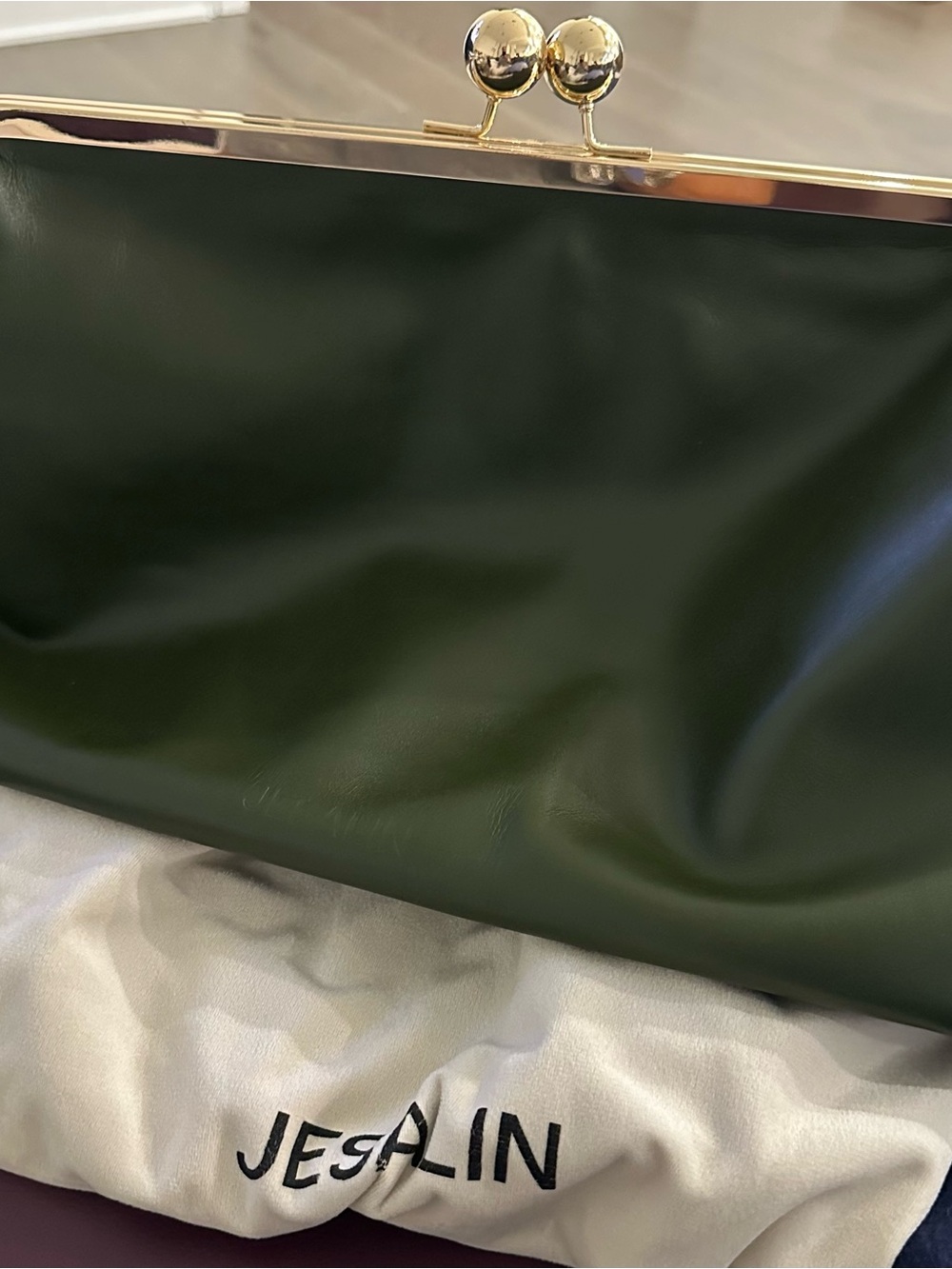Jesalin Sette Dark Olive Green Leather Kiss-Lock Clutch with Gold Frame
